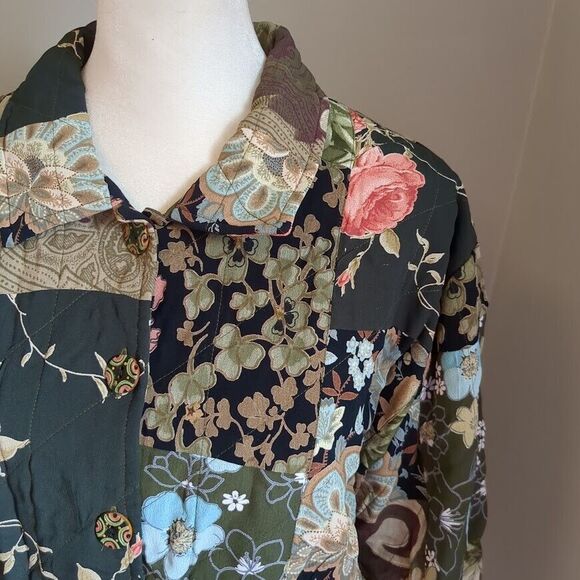 Vintage 90s Casual Studio Quilted Jacket Patchwork Floral Foliage Rose Medium - Picture 9 of 13